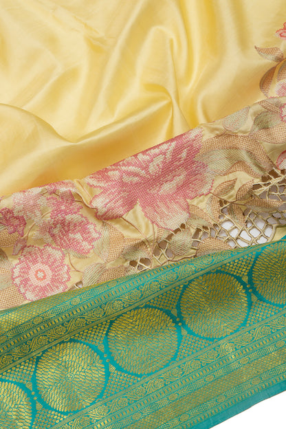 Kanchipuram Silk Butta Pastel Lemon Yellow Saree With Cut Work Border