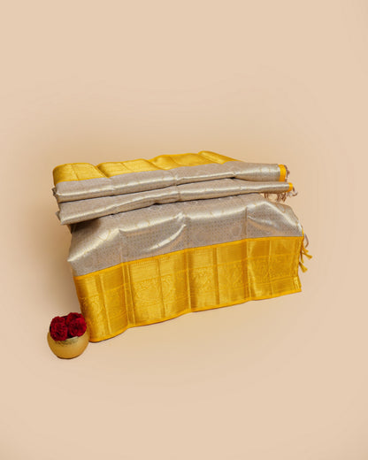 Kanchipuram Silk Tissue Brocade Grey Saree