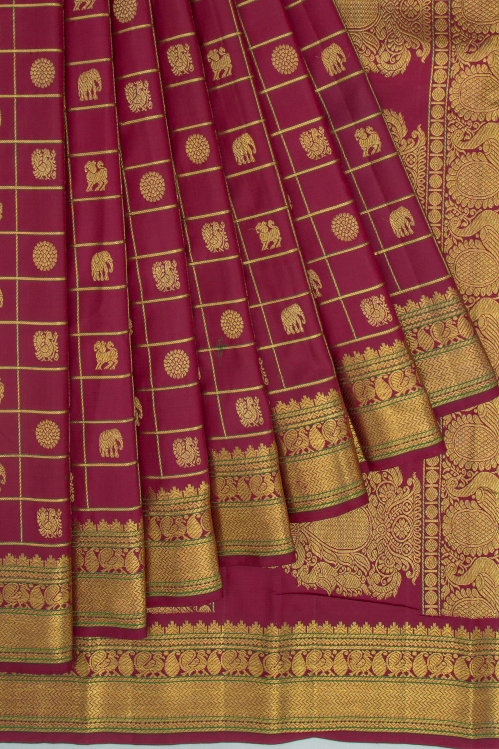 Kanchipuram Silk Checks And Butta Burgundy Saree