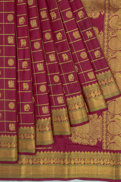 Kanchipuram Silk Checks And Butta Burgundy Saree