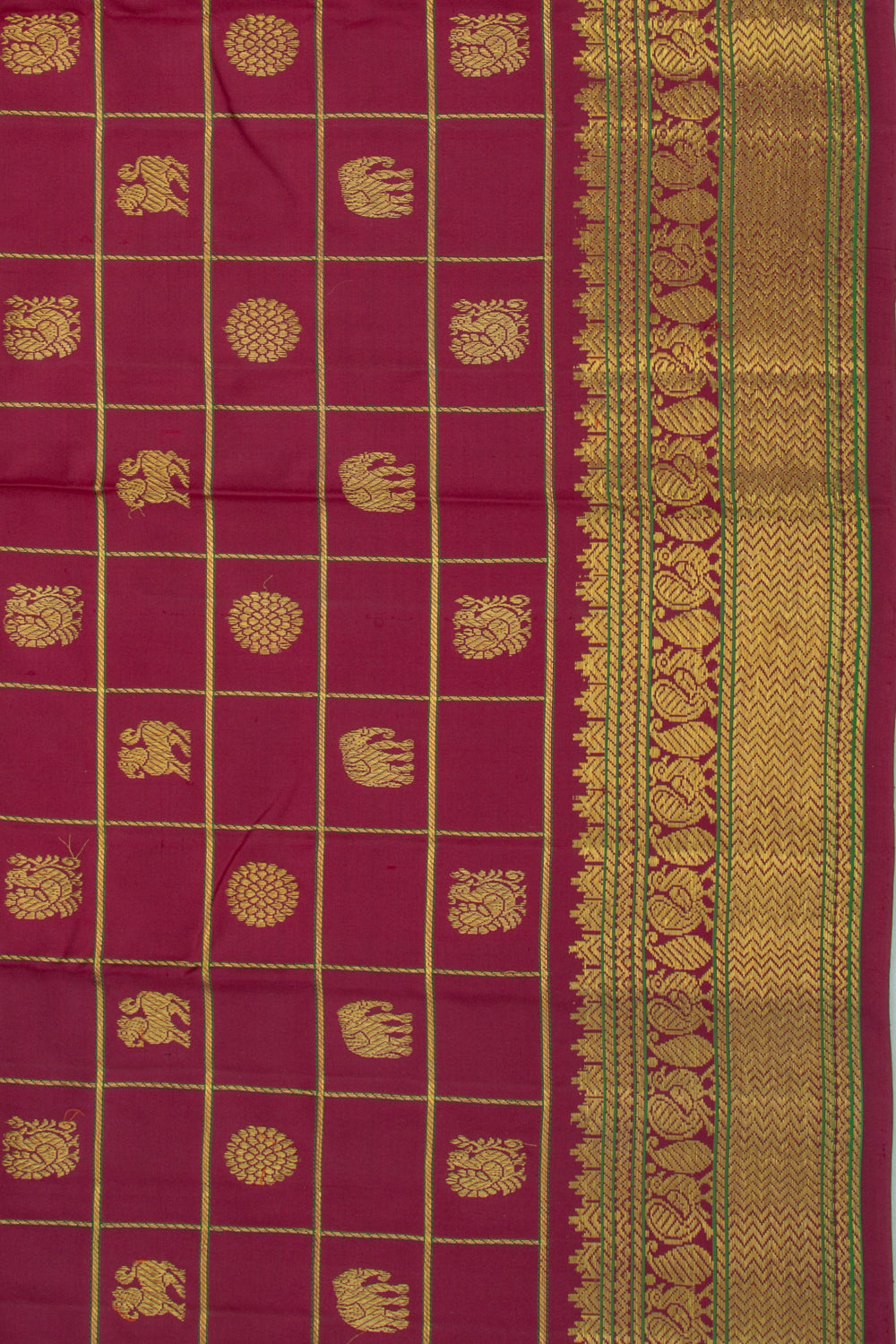 Kanchipuram Silk Checks And Butta Burgundy Saree