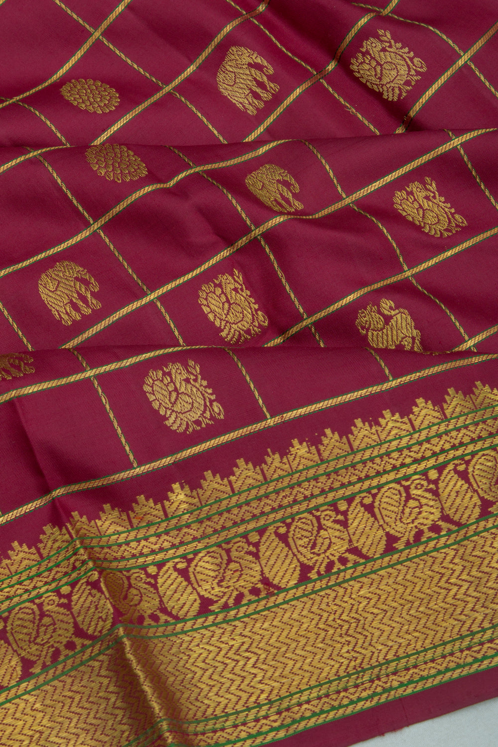 Kanchipuram Silk Checks And Butta Burgundy Saree