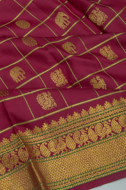 Kanchipuram Silk Checks And Butta Burgundy Saree