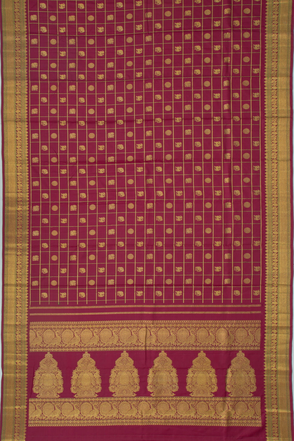 Kanchipuram Silk Checks And Butta Burgundy Saree