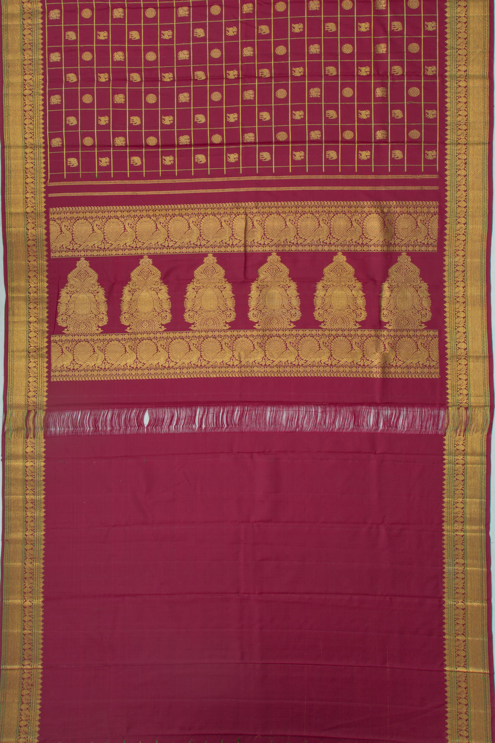 Kanchipuram Silk Checks And Butta Burgundy Saree