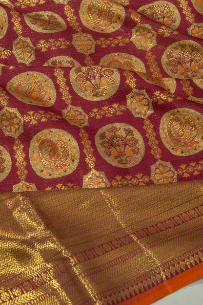 Kanchipuram Silk Checks And Butta Maroon Saree