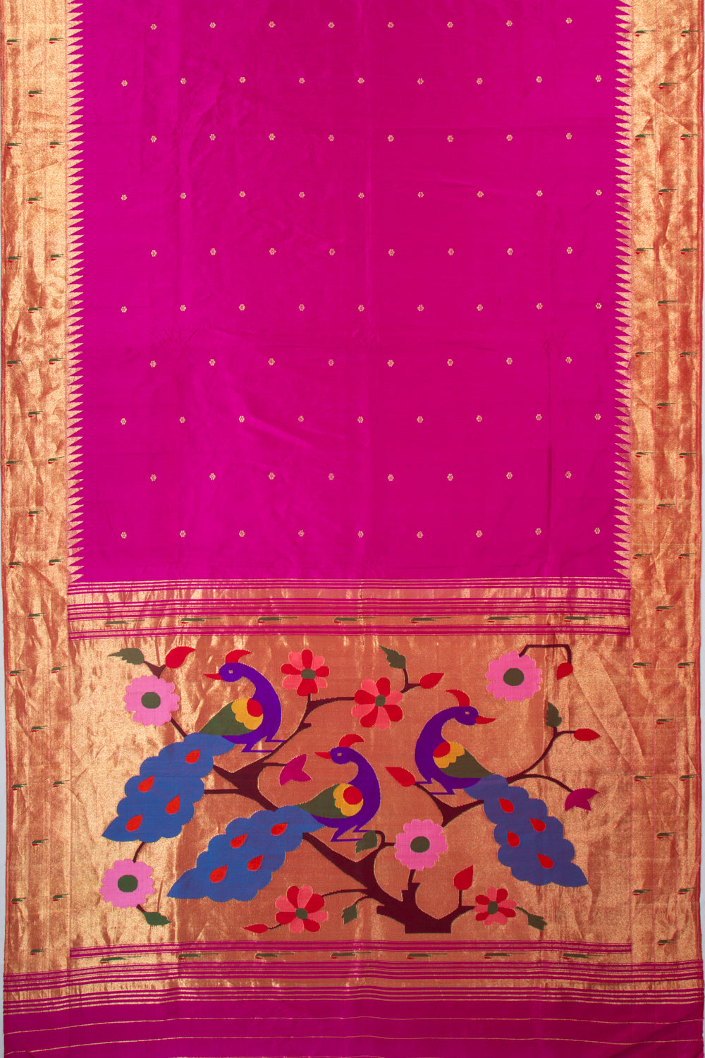 Paithani Silk Butta Pink Saree With Triple Muniya Border