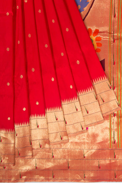 Paithani Silk Butta Red Saree With Triple Muniya Border