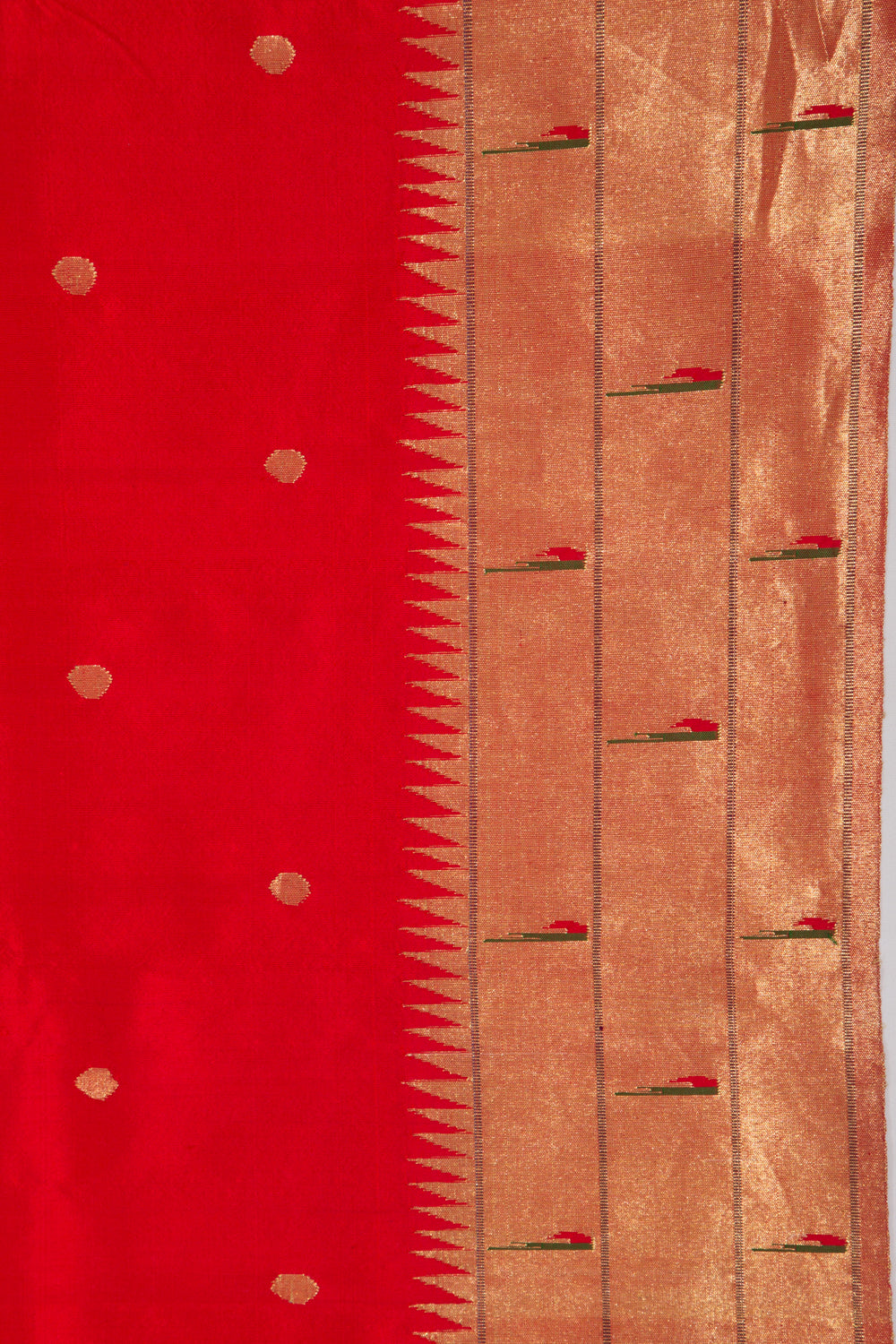 Paithani Silk Butta Red Saree With Triple Muniya Border