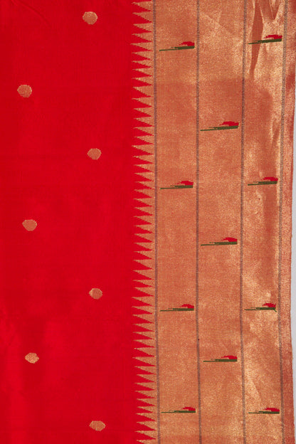 Paithani Silk Butta Red Saree With Triple Muniya Border