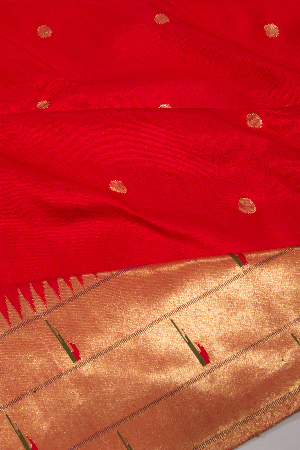 Paithani Silk Butta Red Saree With Triple Muniya Border