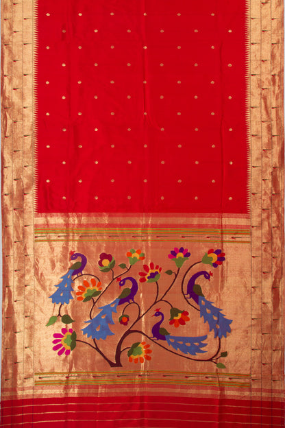 Paithani Silk Butta Red Saree With Triple Muniya Border