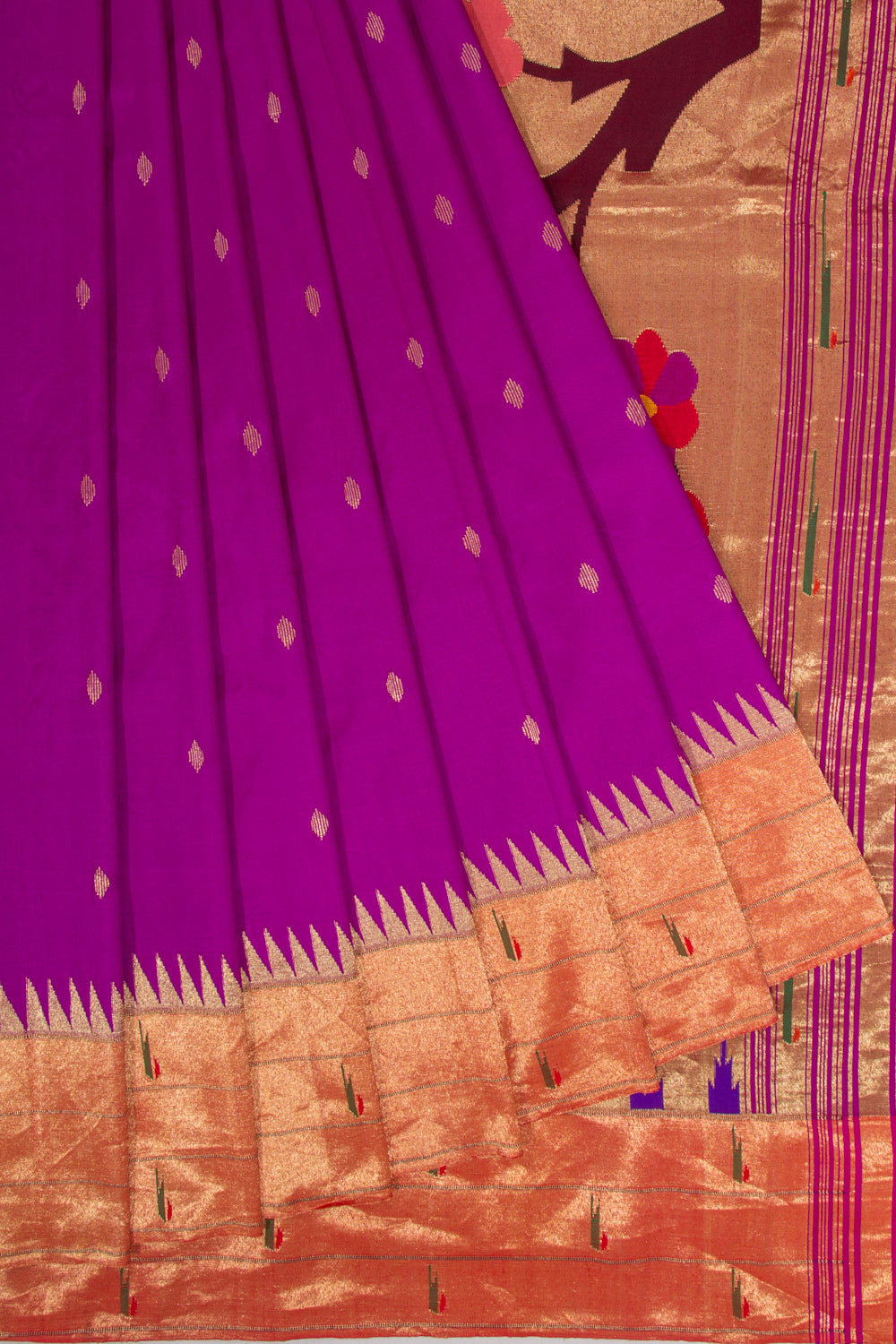 Paithani Silk Butta Purple Saree With Triple Muniya Border