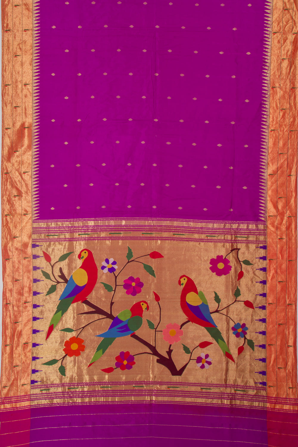 Paithani Silk Butta Purple Saree With Triple Muniya Border