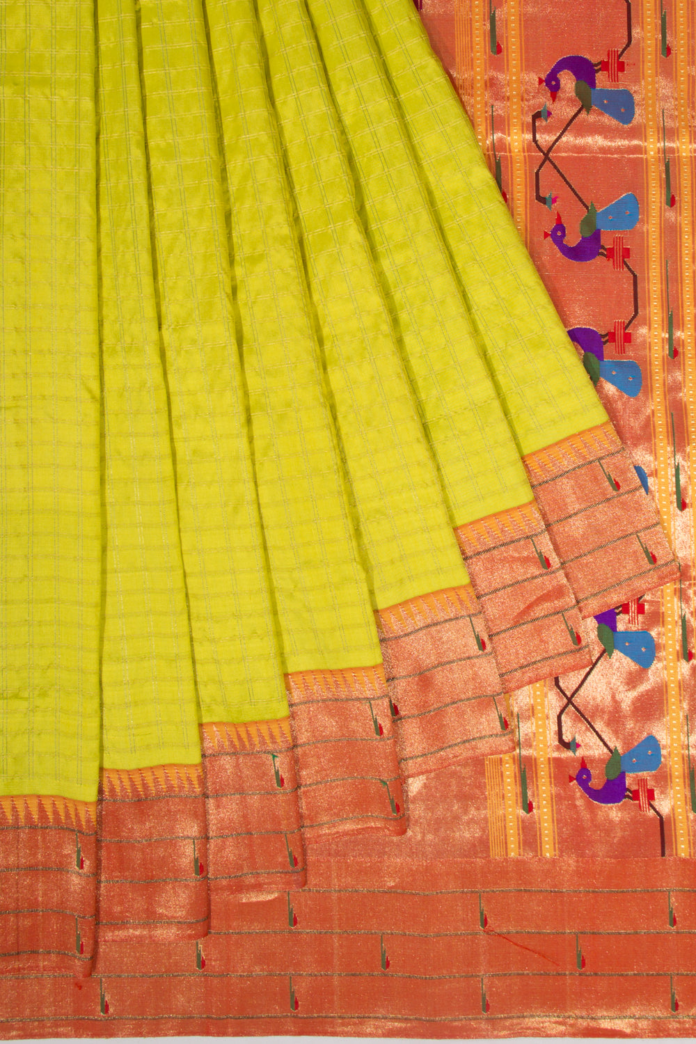 Paithani Silk Checks Green Saree With Triple Muniya Border