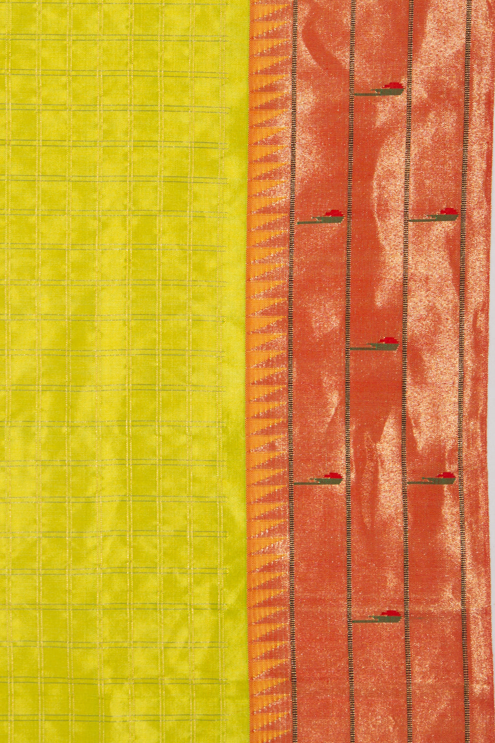 Paithani Silk Checks Green Saree With Triple Muniya Border