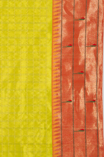 Paithani Silk Checks Green Saree With Triple Muniya Border