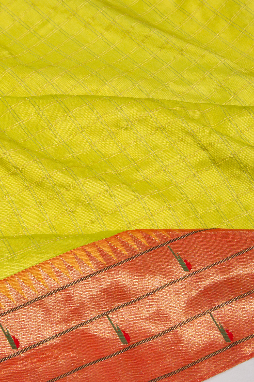 Paithani Silk Checks Green Saree With Triple Muniya Border