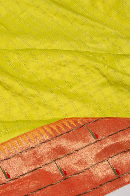 Paithani Silk Checks Green Saree With Triple Muniya Border