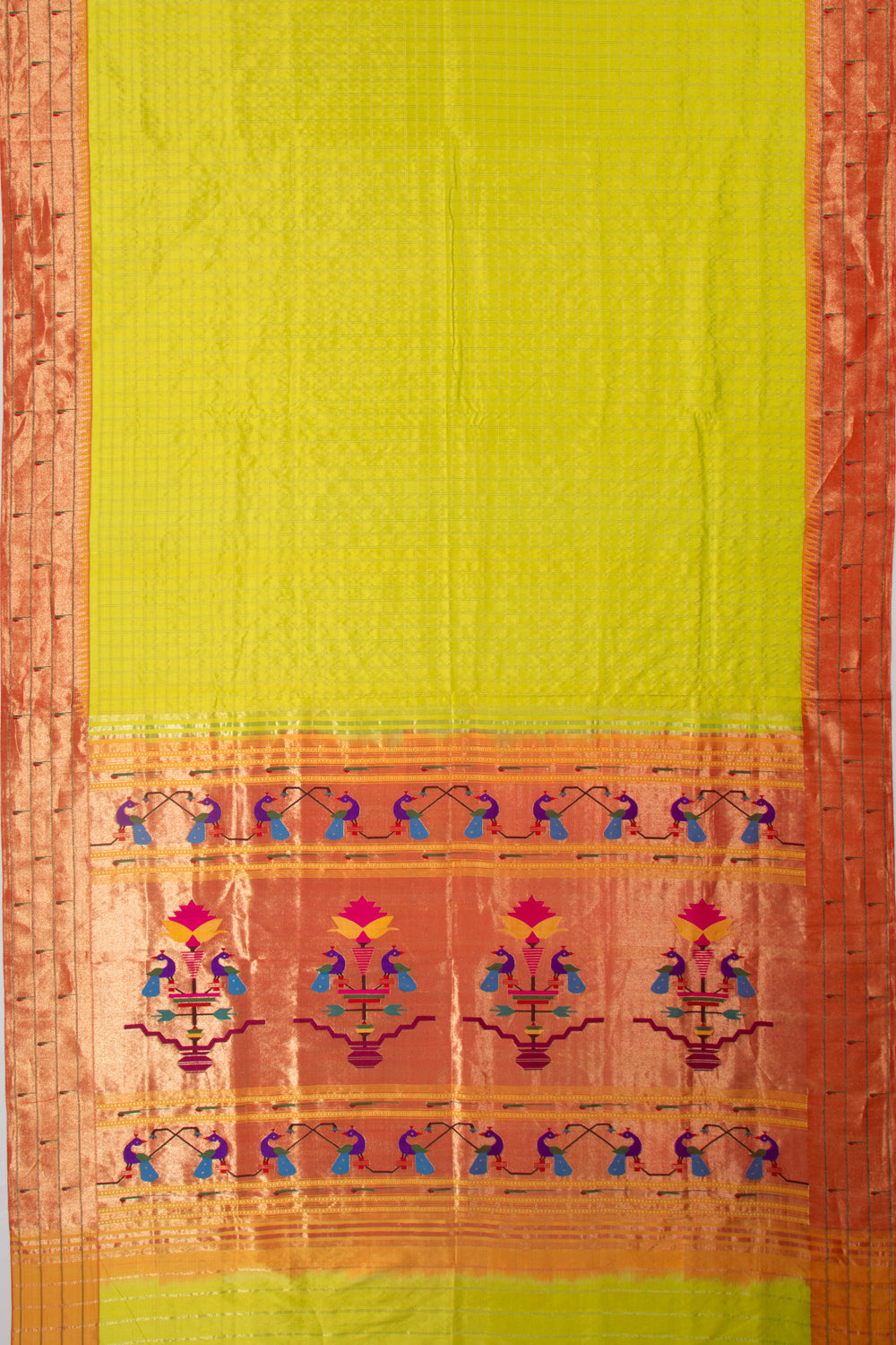 Paithani Silk Checks Green Saree With Triple Muniya Border