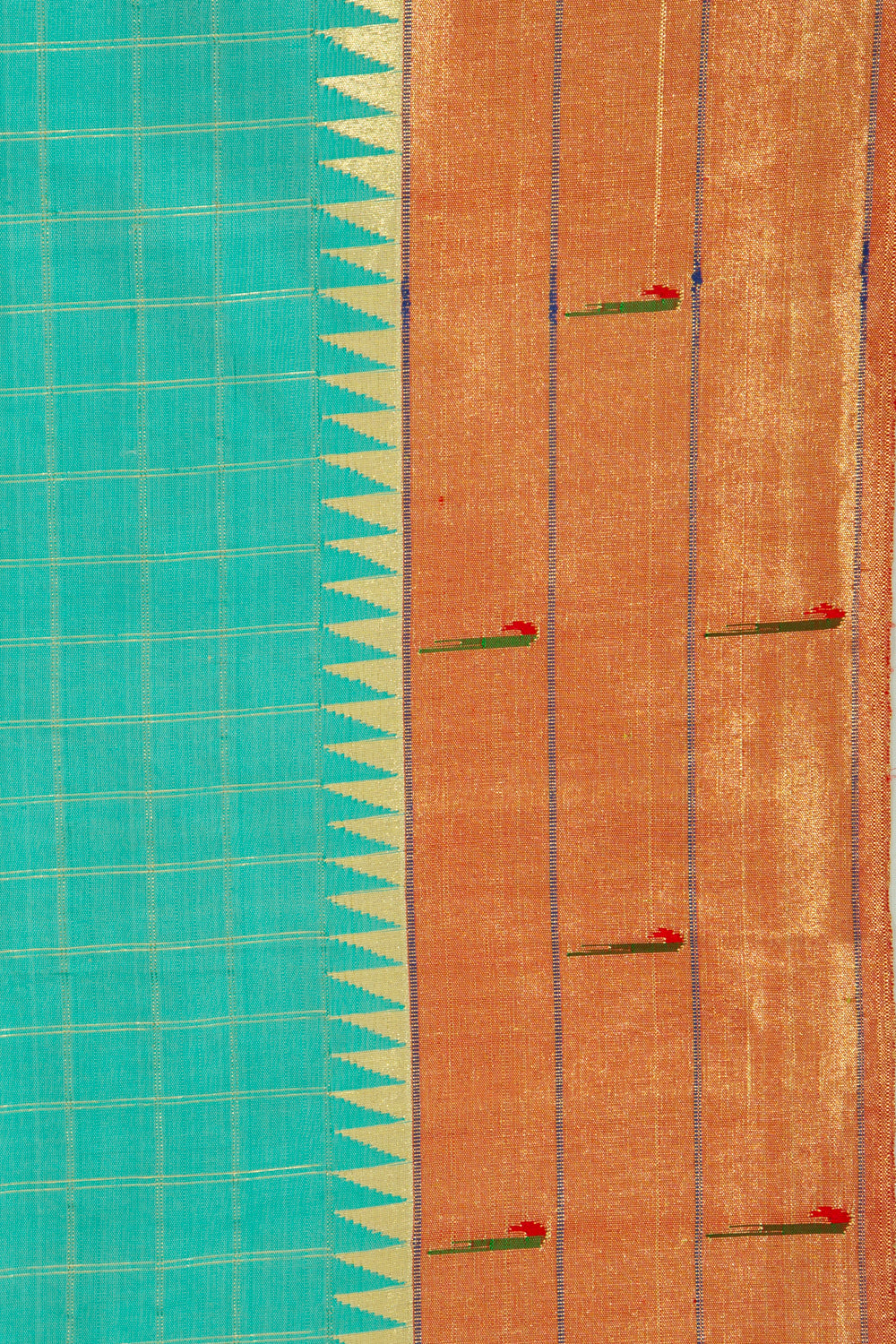 Paithani Silk Checks Teal Blue Saree With Triple Muniya Border
