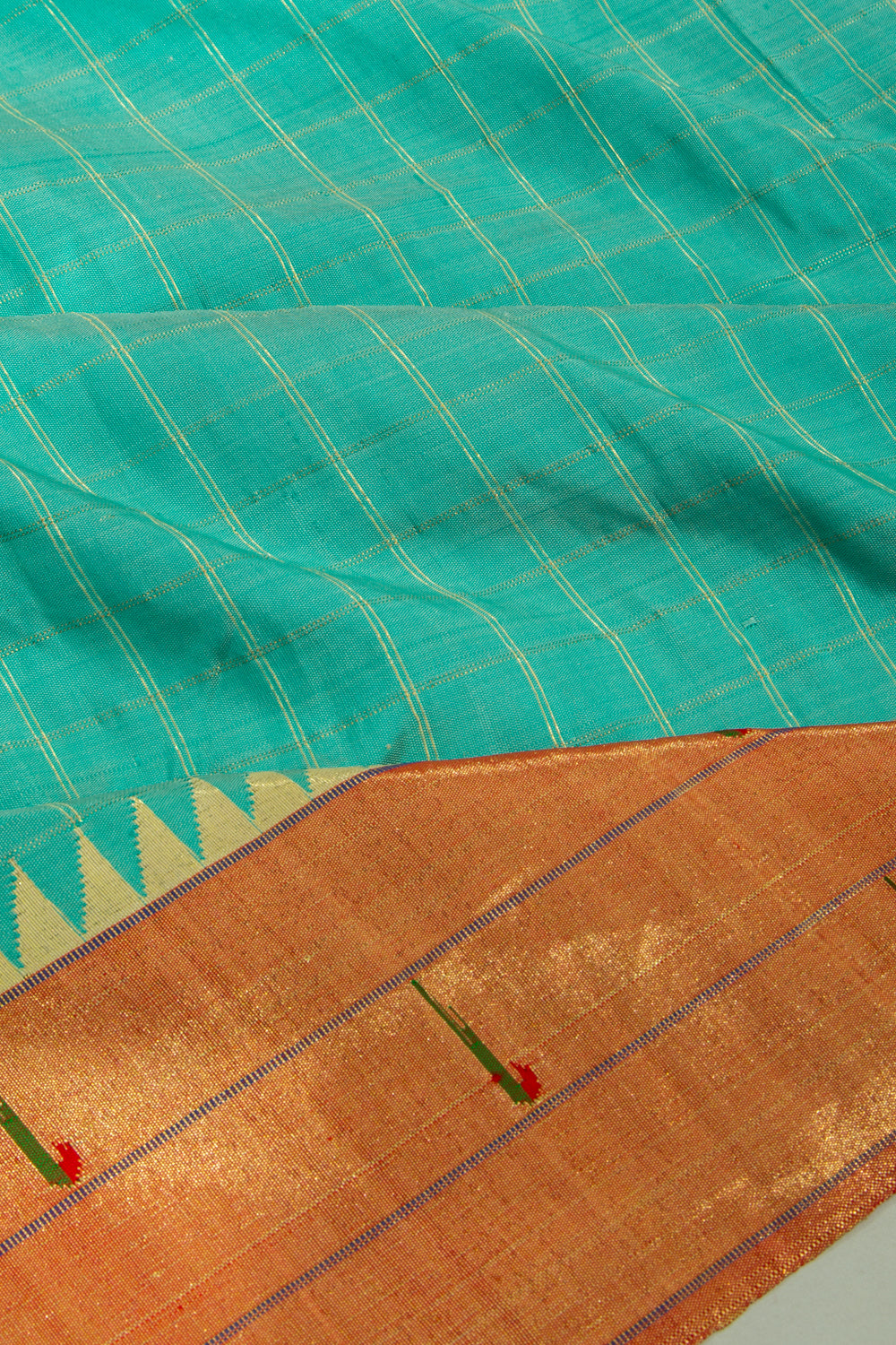 Paithani Silk Checks Teal Blue Saree With Triple Muniya Border