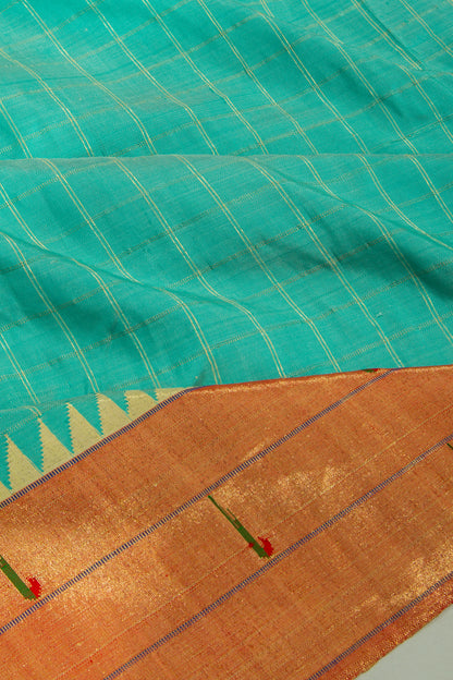 Paithani Silk Checks Teal Blue Saree With Triple Muniya Border