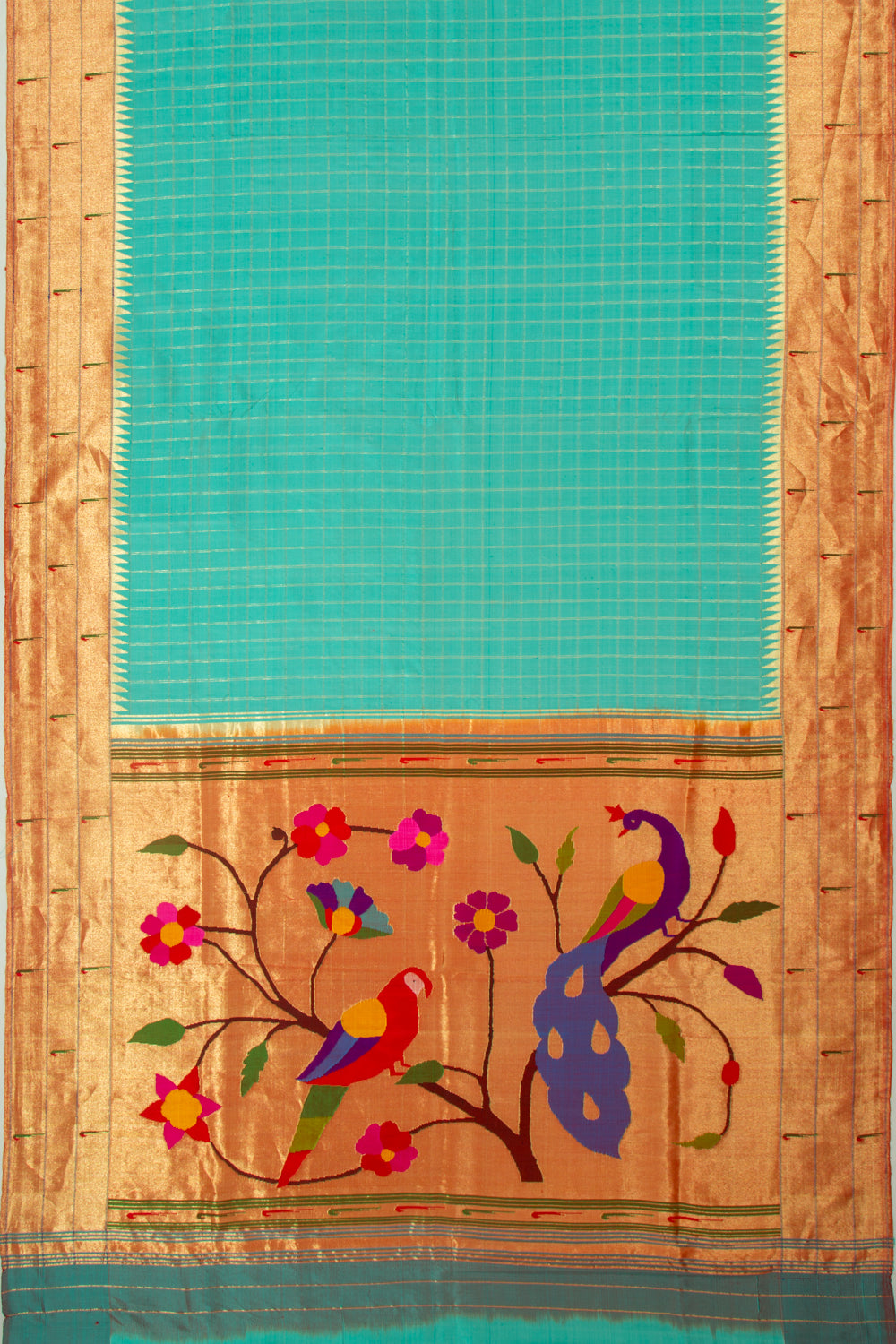Paithani Silk Checks Teal Blue Saree With Triple Muniya Border