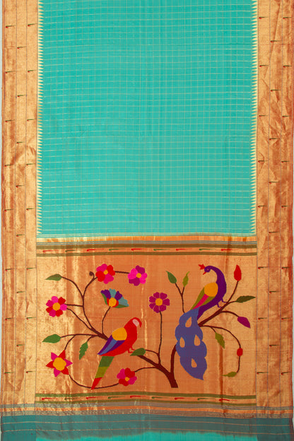 Paithani Silk Checks Teal Blue Saree With Triple Muniya Border