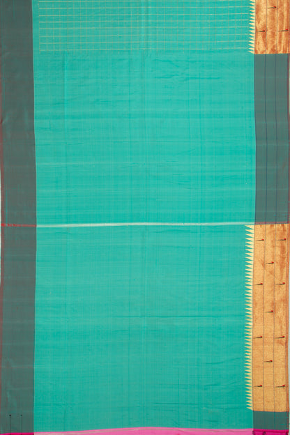 Paithani Silk Checks Teal Blue Saree With Triple Muniya Border