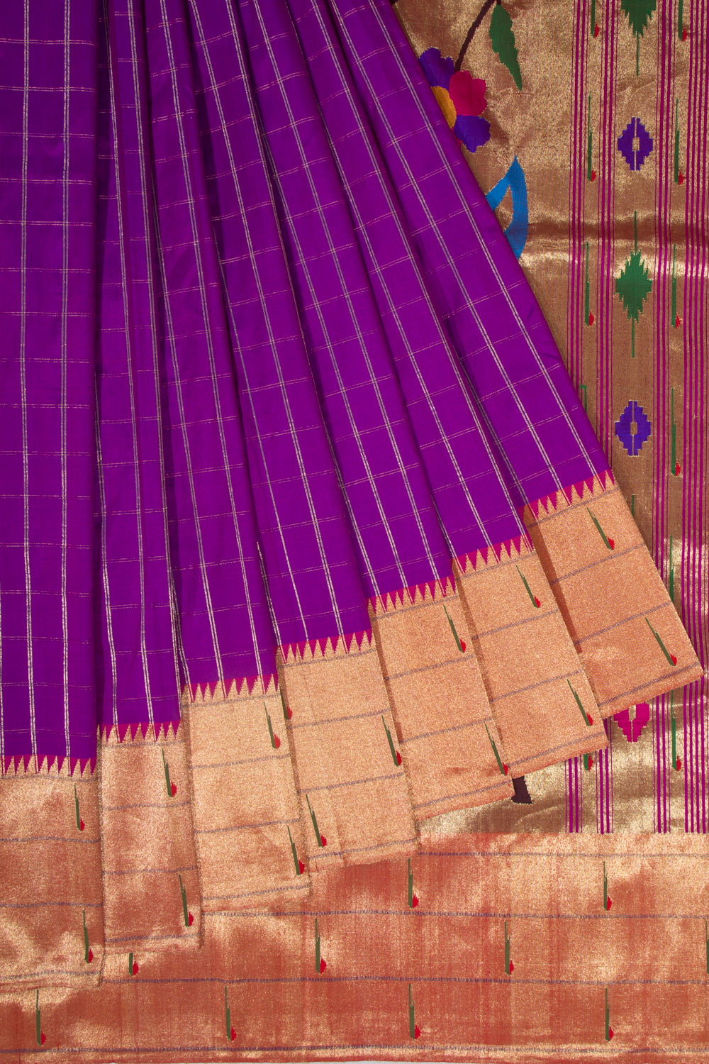 Paithani Silk Checks Purple Saree With Triple Muniya Border