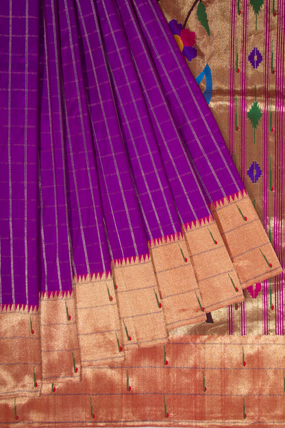 Paithani Silk Checks Purple Saree With Triple Muniya Border