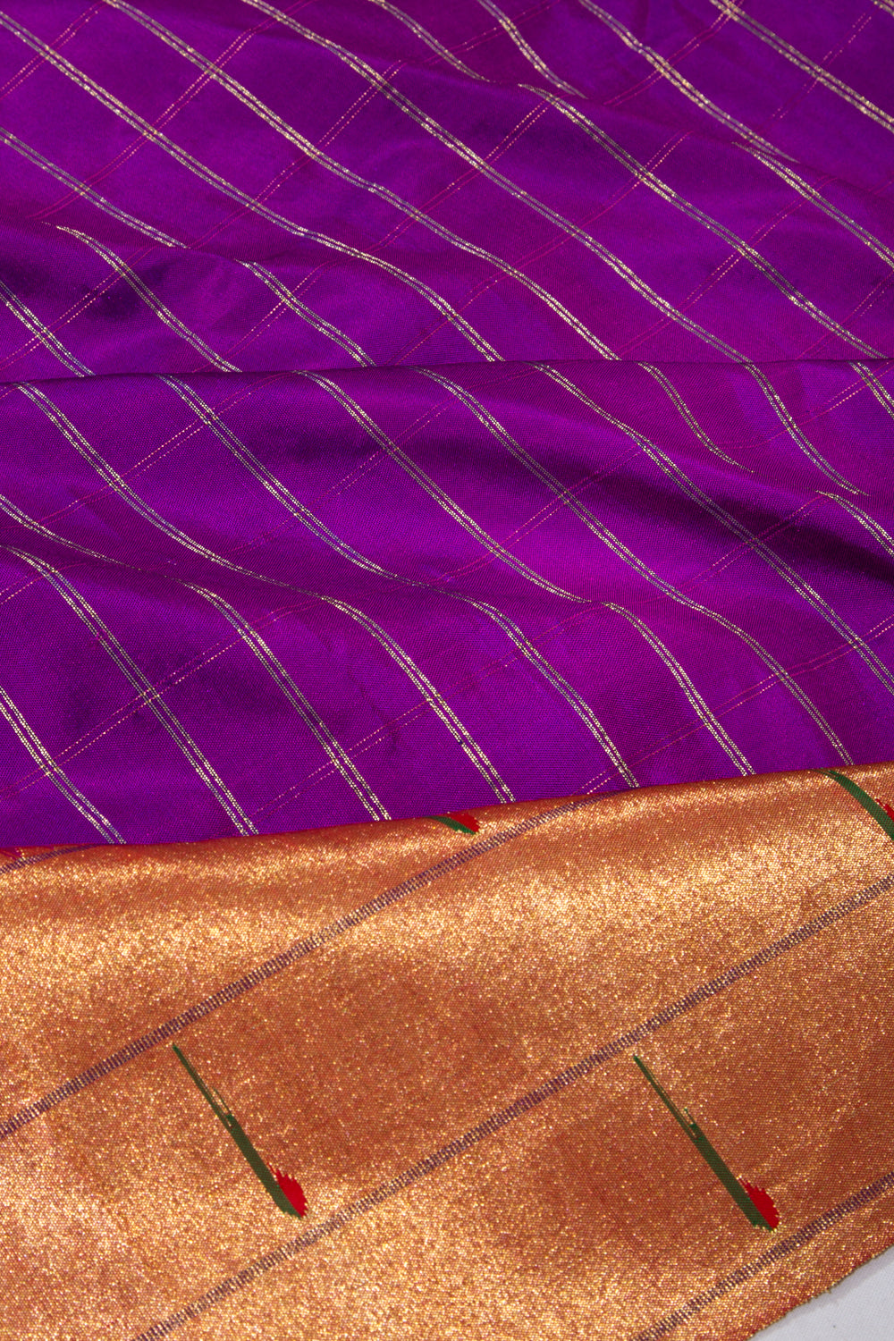 Paithani Silk Checks Purple Saree With Triple Muniya Border