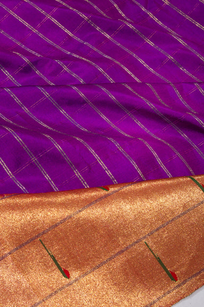 Paithani Silk Checks Purple Saree With Triple Muniya Border