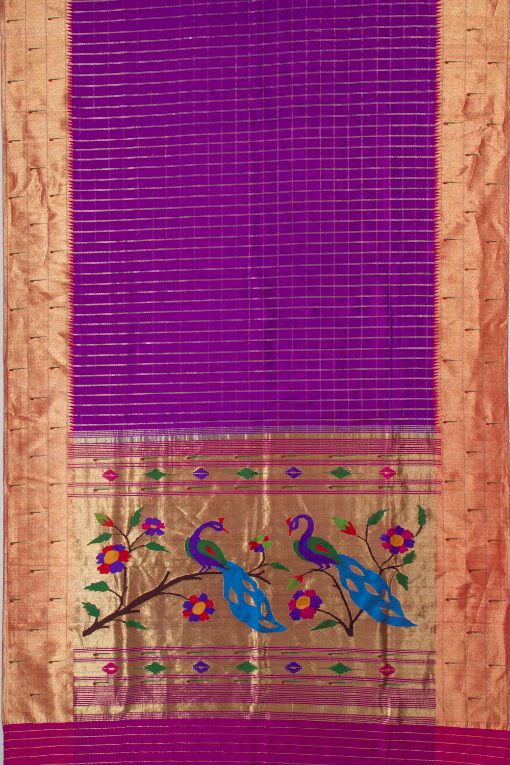 Paithani Silk Checks Purple Saree With Triple Muniya Border
