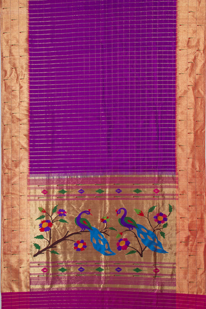 Paithani Silk Checks Purple Saree With Triple Muniya Border