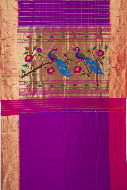 Paithani Silk Checks Purple Saree With Triple Muniya Border