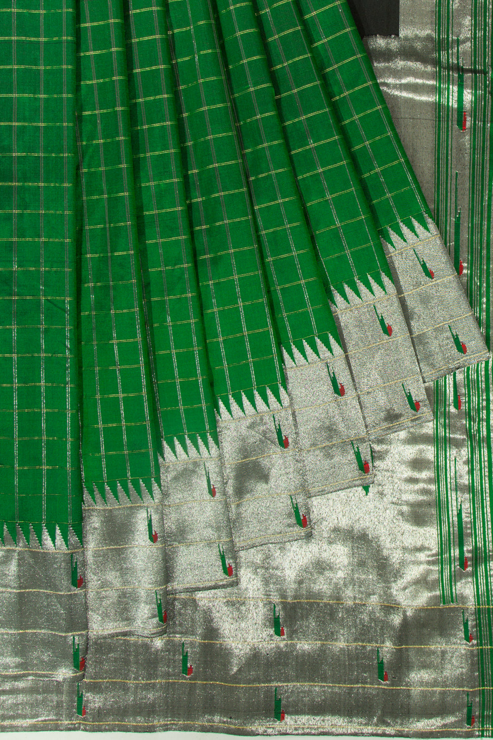 Paithani Silk Checks Green Saree With Triple Muniya Border