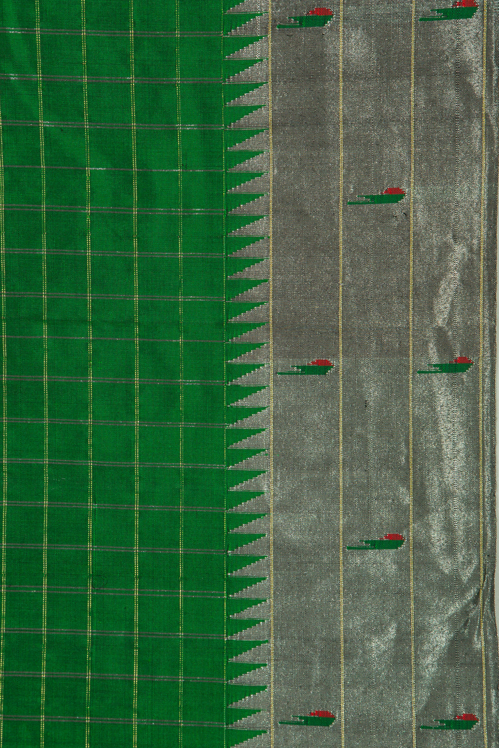 Paithani Silk Checks Green Saree With Triple Muniya Border