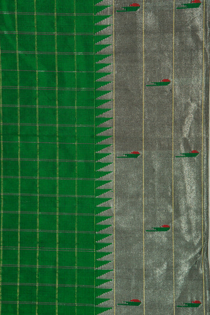 Paithani Silk Checks Green Saree With Triple Muniya Border