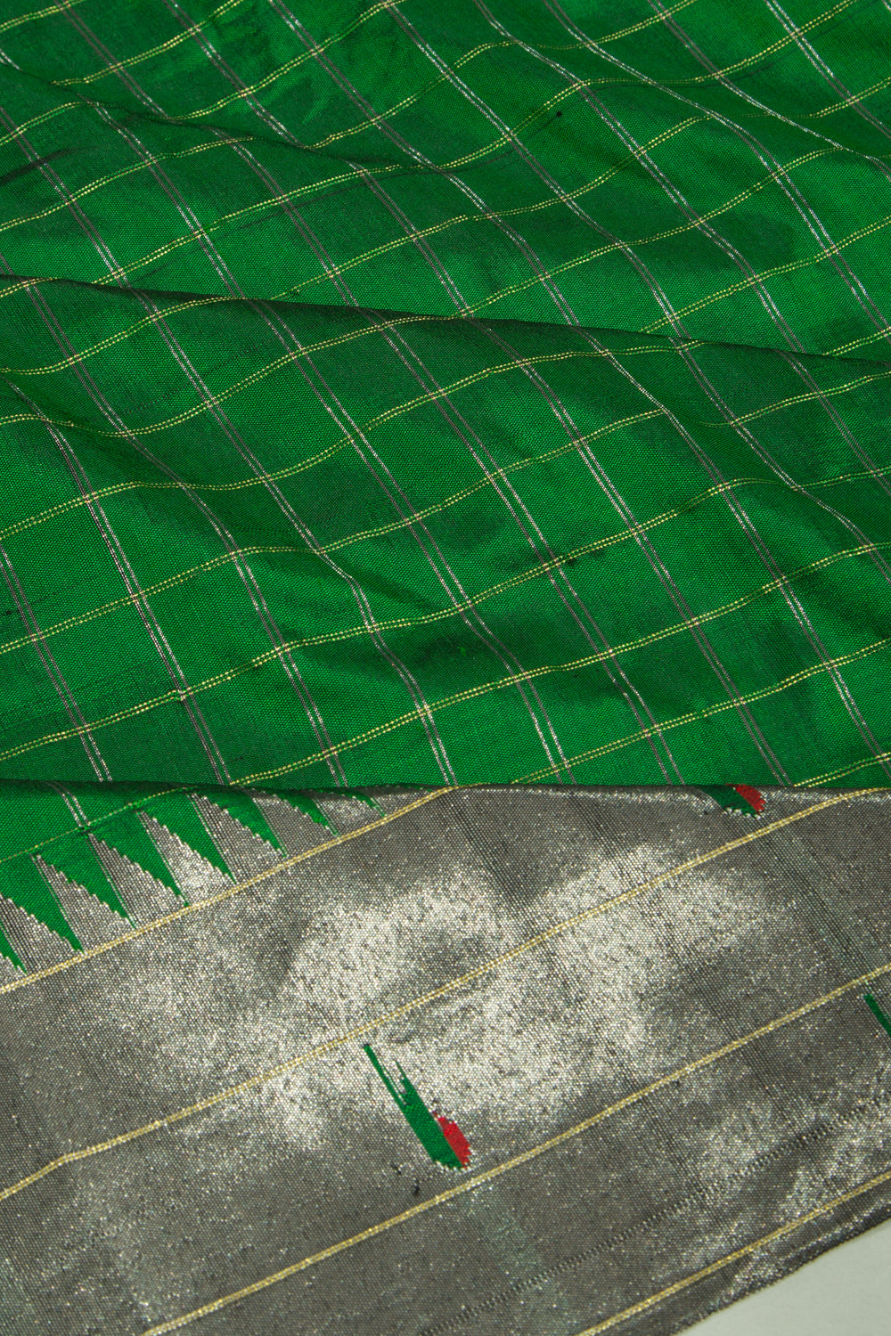 Paithani Silk Checks Green Saree With Triple Muniya Border