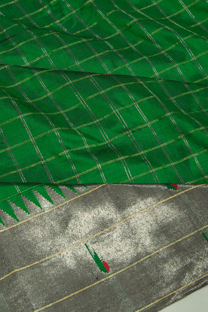 Paithani Silk Checks Green Saree With Triple Muniya Border
