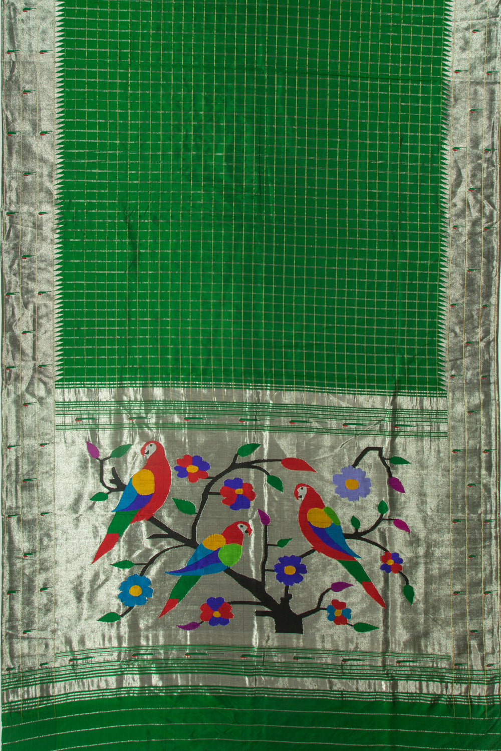 Paithani Silk Checks Green Saree With Triple Muniya Border