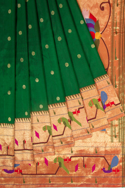 Paithani Silk Butta Green Saree With Akruthi Border