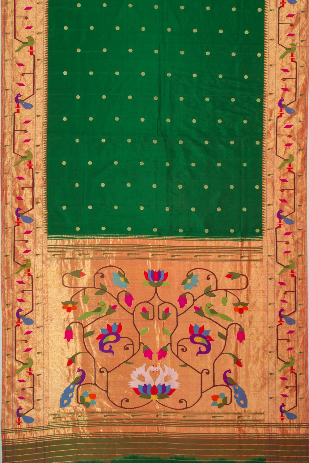 Paithani Silk Butta Green Saree With Akruthi Border
