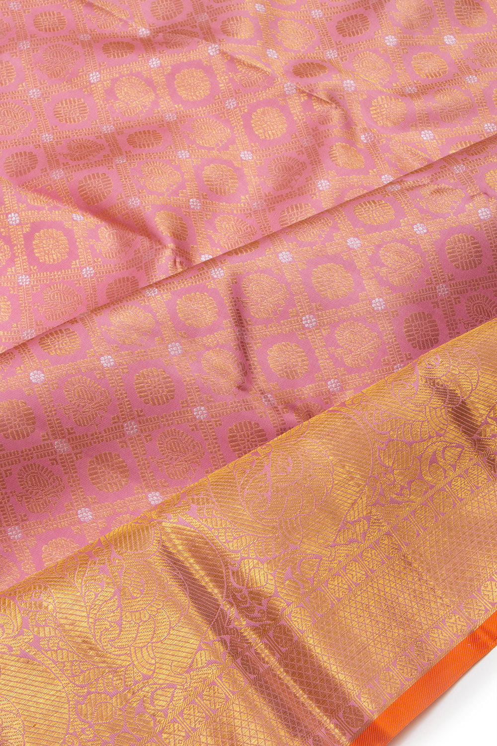 Kanchipuram Silk Criss Cross Checks And Butta Pink  Saree