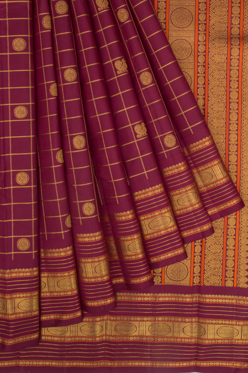 Kanchipuram Silk Checks And Butta Burgundy Saree