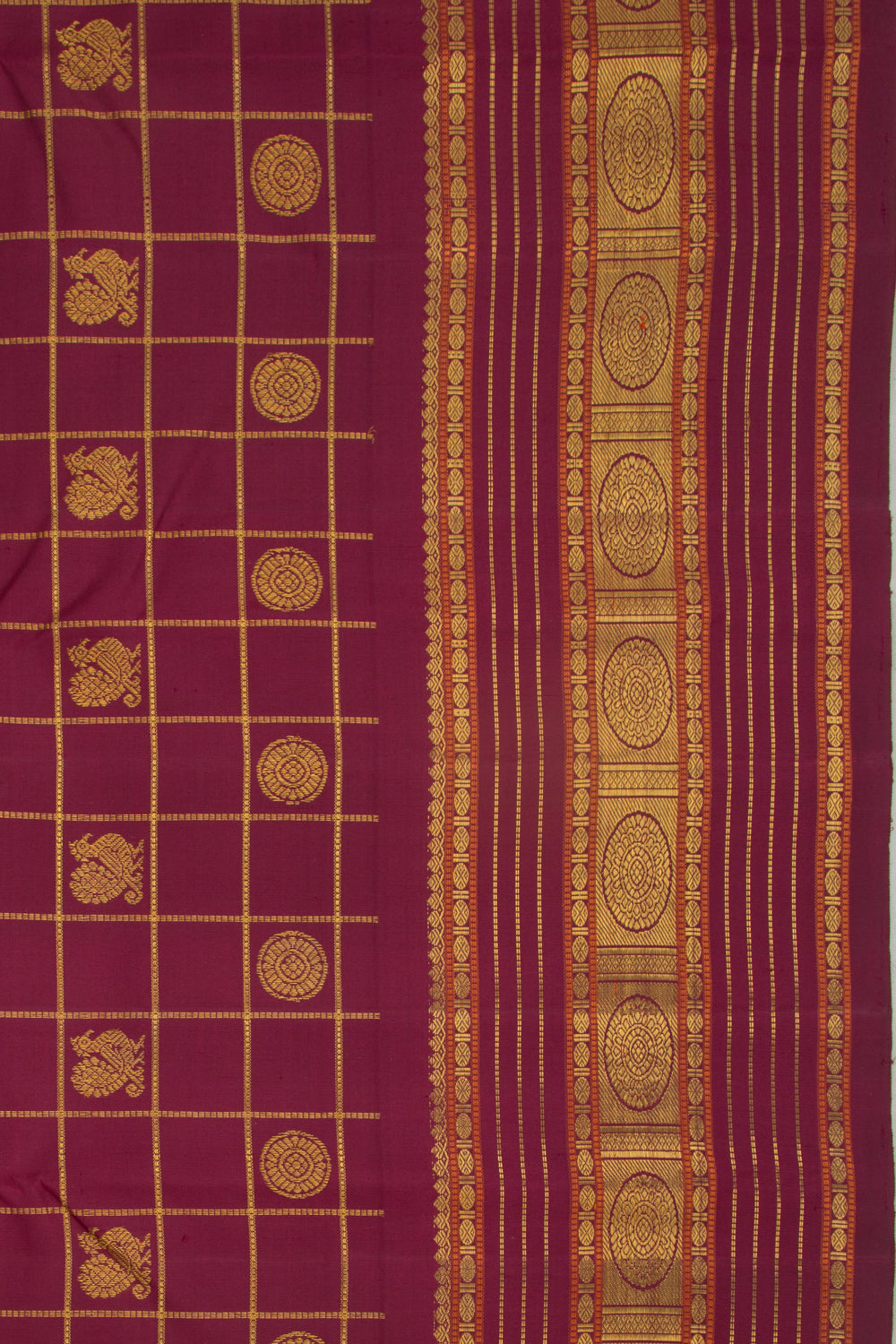 Kanchipuram Silk Checks And Butta Burgundy Saree