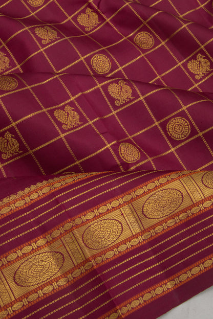 Kanchipuram Silk Checks And Butta Burgundy Saree