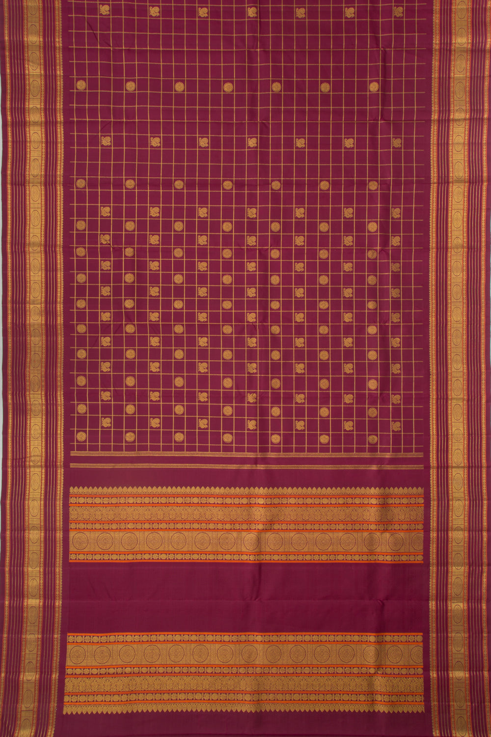 Kanchipuram Silk Checks And Butta Burgundy Saree